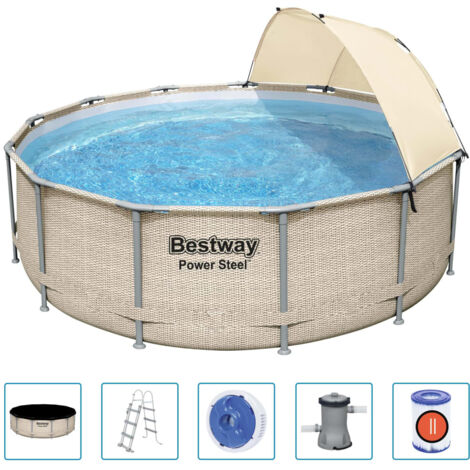 Bestway – Piscine tubulaire Power Steel 396x107 cm – Parois robustes à 3 couches – Capacité 11 133 L – Avec auvent amovible et pompe de filtration (1/5)