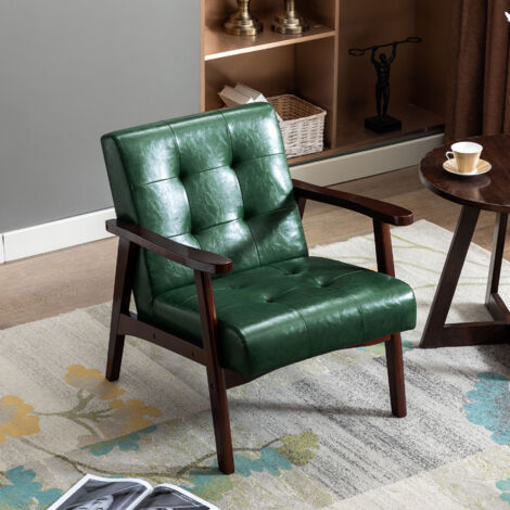 Fauteuil Médiéval Chaise Vintage en Similicuir Tufté avec Accoudoirs en Bois, Style Vintage, Tapissé en Bois Dur, Vert Foncé