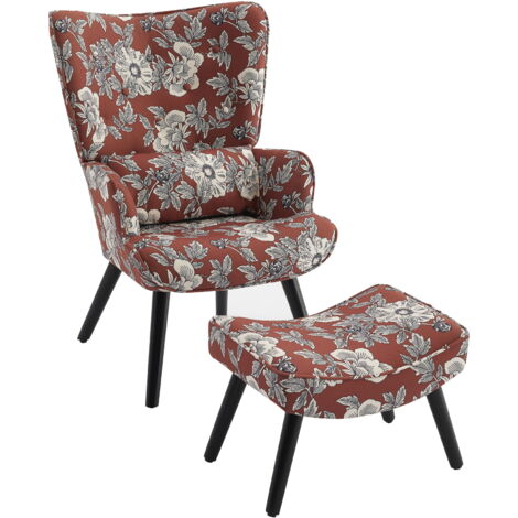 Fauteuil HomeMiYN avec Coussin et Tabouret - Chaise d'Angle Rouge Rustique pour le Salon (1/5)