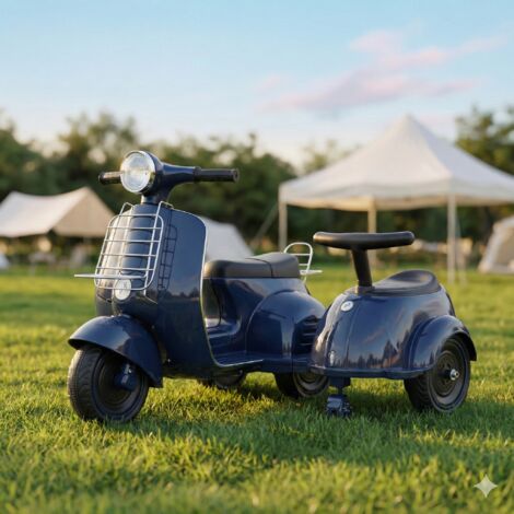 Moto Électrique Enfant Vespa Scooter avec Sidecar HOMEMiYN – 2 Places, dès 3 Ans, Bleu Marine