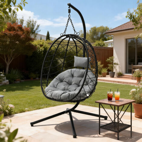 Chaise Suspendue Œuf Jardin Gris XXL – Fauteuil Hamac Intérieur Extérieur, Confort Coussin 10cm, Structure Acier 120kg (1/5)