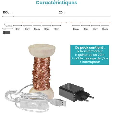 Guirlande Led Cuivre 20M - Bobine 20M Guirlande Lumineuse Led - Guirlande Leds pour deco chambre, déco de Noël, ambiance poétique et romantique
