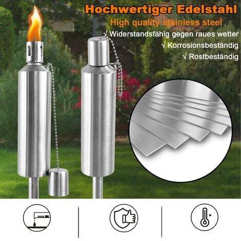 YARDIN Gartenfackeln Edelstahl 6er Set, Outdoor Fackeln, Öllampe für