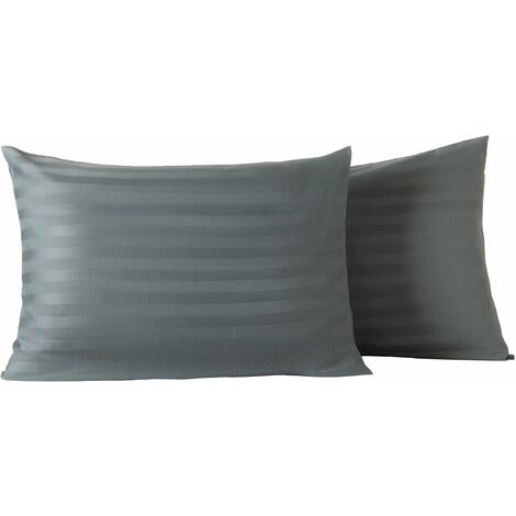 Ensemble deux taies d'oreiller gris rayures grises satin 50x70cm (1/5)