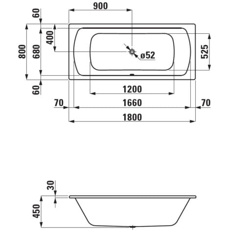 Laufen Pro Badewanne Stahl, Auslauf mittig, 180x80x45cm, oh.Antislip, weiß 2279500000401