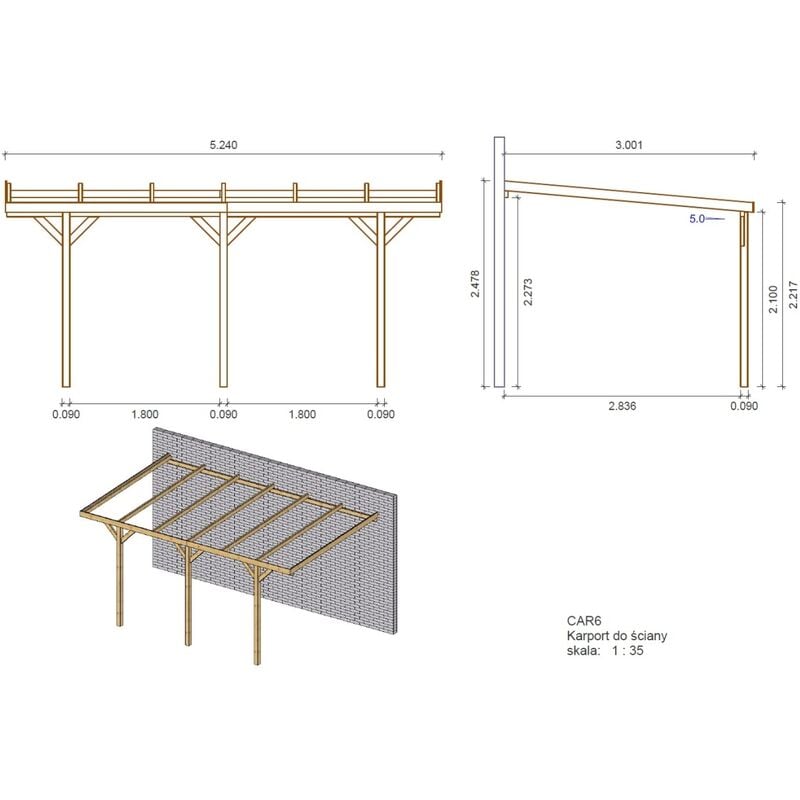 Tettoia semplice addossabile per 1 auto 15 m² L3 x P5 m in Legno Tetto in  PVC HELENE