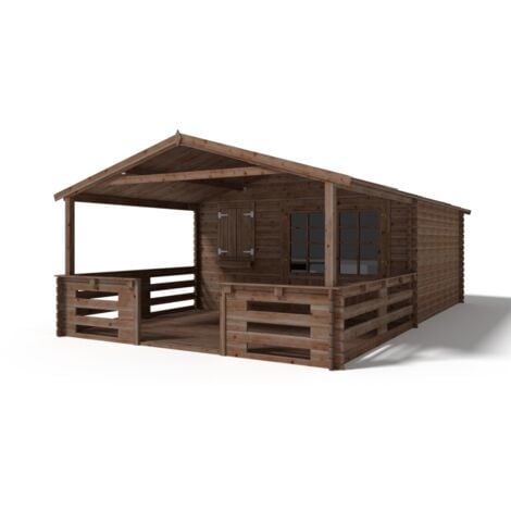 Casetta da giardino in legno con veranda e tettoia - 24m2 - 4x3m -  impregnata - 28mm - colore: marrone - DOM595