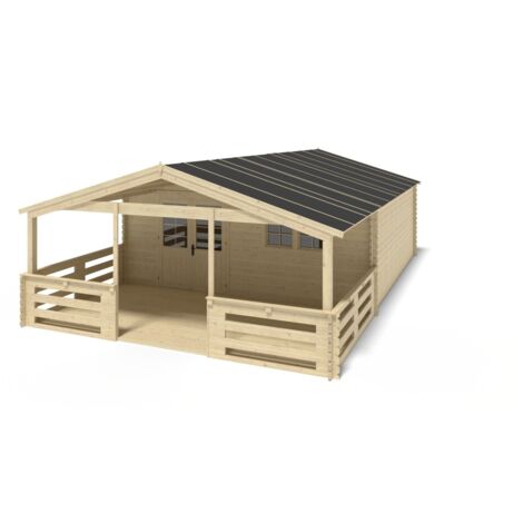 Casetta da giardino in legno con veranda e tettoia - 54m2 - 6x6m - 40mm - colore: naturale - DOM749+DOM556+DOM558+POD04