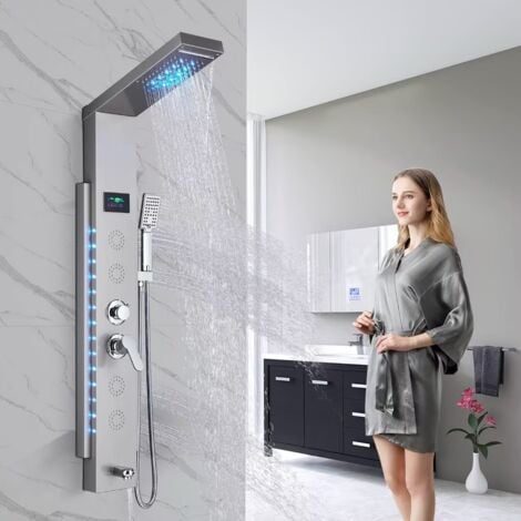 Pannello Doccia Idromassaggio per Vasca con 5 In 1 Funzioni LED Colonna Doccia Set in 304 Acciaio Inox Con Display LCD, Miscelatore Vasca Da Bagno, Soffione Doccia A Cascata Argento