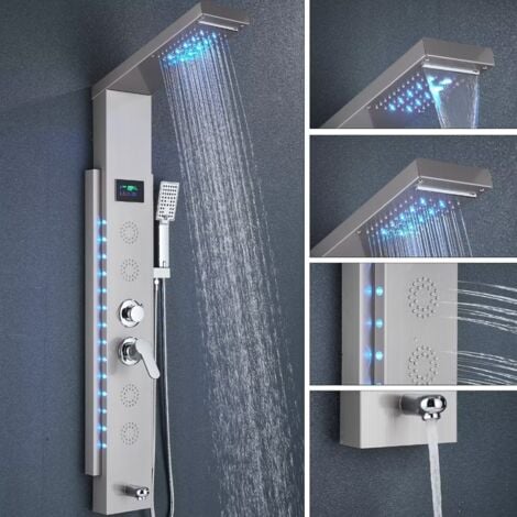 Pannello Doccia Idromassaggio per Vasca con 5 In 1 Funzioni LED Colonna Doccia Set in 304 Acciaio Inox Con Display LCD, Miscelatore Vasca Da Bagno, Soffione Doccia A Cascata Argento