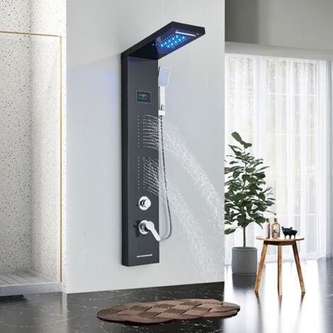 Colonna Doccia Idromassaggio in Acciaio Inox  5 Funzioni Pannello Doccia Set e di Temperatura (Display LCD) per Bagno,Soffione Fisso,Massaggi,Doccetta e Bocca Vasca