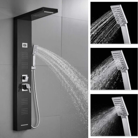 Colonna Doccia Idromassaggio,Onyzpily LED Pannello Doccia Idromassaggio con Display LCD,304 Acciaio Inox,Multifunzione con Soffione Fisso,Massaggi,Doccetta e Bocca Vasca(Colore: nero, spazzolato)