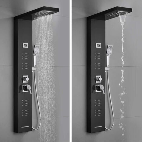Colonna Doccia Idromassaggio,Onyzpily LED Pannello Doccia Idromassaggio con Display LCD,304 Acciaio Inox,Multifunzione con Soffione Fisso,Massaggi,Doccetta e Bocca Vasca(Colore: nero, spazzolato)