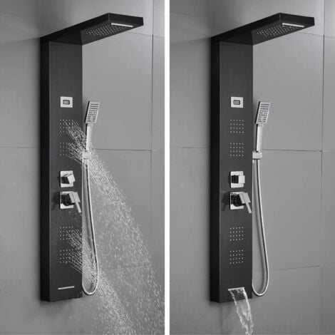 Colonna Doccia Idromassaggio,Onyzpily LED Pannello Doccia Idromassaggio con Display LCD,304 Acciaio Inox,Multifunzione con Soffione Fisso,Massaggi,Doccetta e Bocca Vasca(Colore: nero, spazzolato)