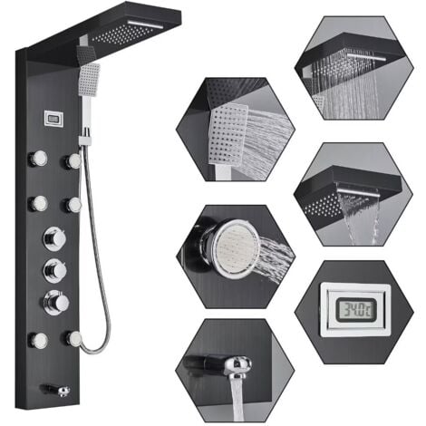 Colonna Doccia Termostatica Nero Multifunzione Pannello Doccia Idromassaggio 304 Acciaio Inox con Soffione Fisso,Massaggi,Doccetta e Bocca Vasca
