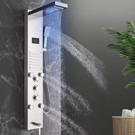 Colonna Doccia Idromassaggio,Multifunzione LED Pannello Doccia Idromassaggio con Temperatura (Display LCD),Multifunzione con Soffione Fisso,Massaggi,Doccetta e Bocca Vasca,Nichel spazzolato