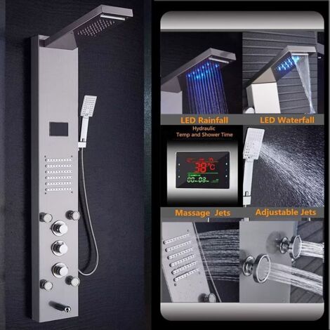 Colonna Doccia Idromassaggio,Multifunzione LED Pannello Doccia Idromassaggio con Temperatura (Display LCD),Multifunzione con Soffione Fisso,Massaggi,Doccetta e Bocca Vasca,Nichel spazzolato