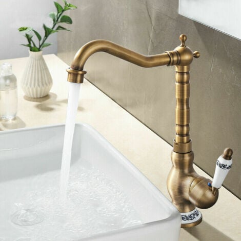 Rubinetto lavabo alto lavandino monocomando miscelatore per bagno e cucina(acqua fredda e calda),miscelatore rubinetto cucina con flessibili monoforo in ottone(Antico Vintage)