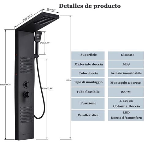 Onyzpily  Colonna Doccia Idromassaggio,Multifunzione LED Pannello Doccia Idromassaggio con Temperatura (Display LCD),Multifunzione con Soffione Fisso,Massaggi,Doccetta e Bocca Vasca,Nichel spazzolato