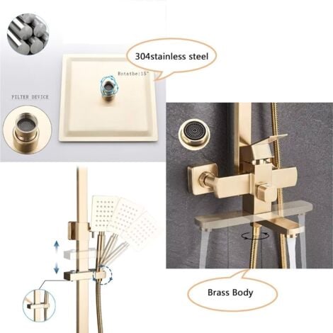 Colonna Doccia Lusso Set Doccia Ottone Monocomando Montaggio a Parete Oro Spazzolato Sistema Doccia con Bocca per Vasca, Soffione a Mano, 8 Pollici Soffione Doccia