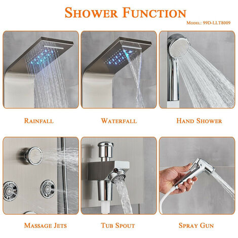 Onyzpily LED Pannello Doccia Idromassaggio in 304 Acciaio Inox, Colonna Doccia con Miscelatore,Display LCD,Multifunzione  con Soffione Fisso,Massaggi,Doccetta e Bocca Vasca