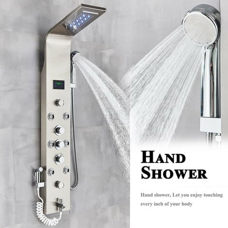 Onyzpily LED Pannello Doccia Idromassaggio in 304 Acciaio Inox, Colonna Doccia con Miscelatore,Display LCD,Multifunzione  con Soffione Fisso,Massaggi,Doccetta e Bocca Vasca