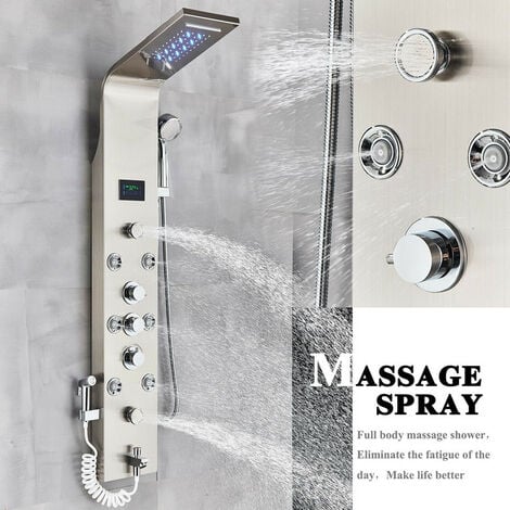 Onyzpily LED Pannello Doccia Idromassaggio in 304 Acciaio Inox, Colonna Doccia con Miscelatore,Display LCD,Multifunzione  con Soffione Fisso,Massaggi,Doccetta e Bocca Vasca