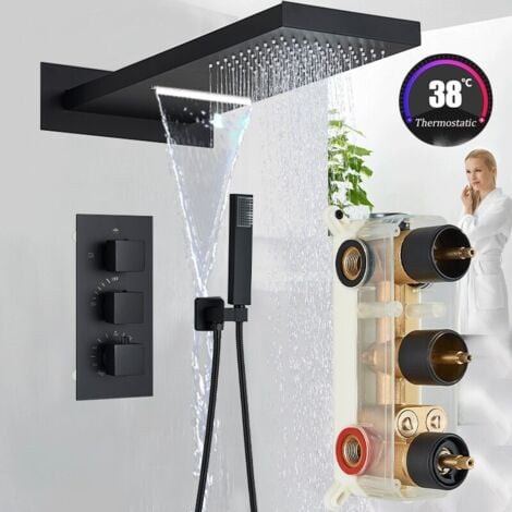 Onyzpily Sistema Doccia Set Termostatico Doccia Completo Nero,Soffione Doccia a Parete 23x55cm Incluso Doccetta e Kit di Rifinitura Quadrato