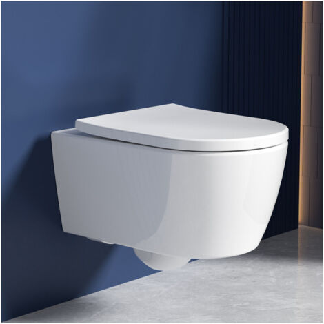 Rainsworth Wand-WC ohne Entsorgungsrand, Toilettenschüssel und geräuschlose Spülung, Toilettenschüssel und WC-Sitz mit automatischem Absenkmechanismus, weiß, Länge 53 cm.