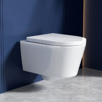Rainsworth Wand-WC ohne Entsorgungsrand, Toilettenschüssel und geräuschlose Spülung, Toilettenschüssel und WC-Sitz mit automatischem Absenkmechanismus, weiß, Länge 48 cm.