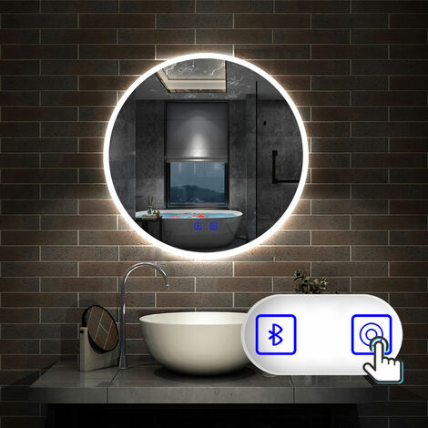 60cm Rund LED Spiegel Touch Schalter + drei Farbe Dimmbar + Bluetooth + Beschlagfrei