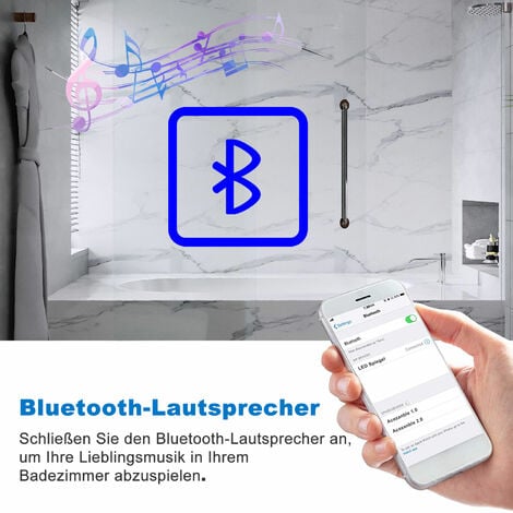 70 x 50 cm LED+Beschlagfrei+Bluetooth+3 Lichtfarben Dimmbar+Helligkeit Memory Funktion