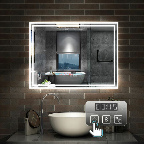 80 x 60 cm LED+Beschlagfrei+Bluetooth+Uhr+3 Lichtfarben Dimmbar+Helligkeit Memory Funktion
