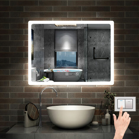 70 x 50 cm LED+Beschlagfrei+3 Lichtfarben Dimmbar+Uhr+Helligkeit Memory Funktion