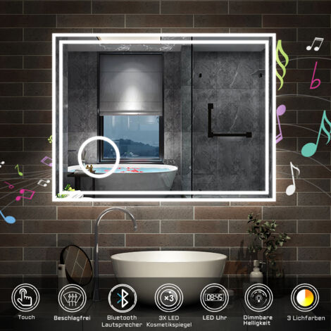 80 x 60 cm LED+Beschlagfrei+Bluetooth+Uhr+3 Lichtfarben Dimmbar+Kosmetikspiegel