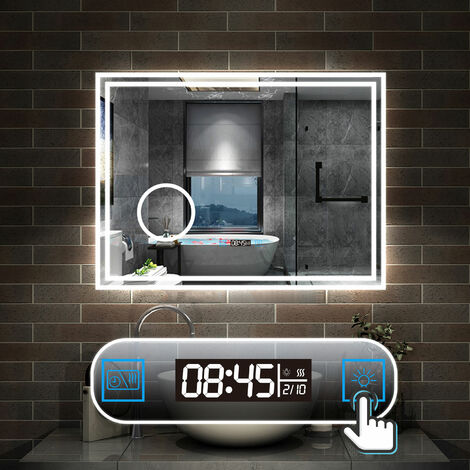 80 x 60 cm LED+Beschlagfrei+Uhr+3 Lichtfarben Dimmbar+Kosmetikspiegel+Helligkeit Memory Funktion