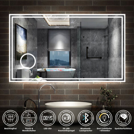 120 x 70 cm LED+Beschlagfrei+Bluetooth+Uhr+3 Lichtfarben Dimmbar+Kosmetikspiegel