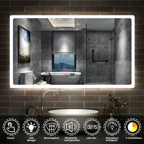 160 x 80 cm LED+Beschlagfrei+3 Lichtfarben Dimmbar+Uhr+Bluetooth+Helligkeit Memory Funktion