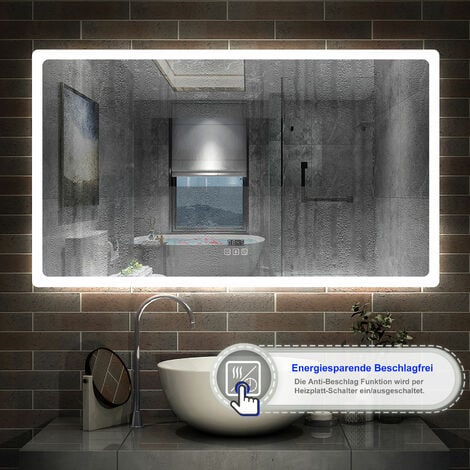 160 x 80 cm LED+Beschlagfrei+3 Lichtfarben Dimmbar+Uhr+Bluetooth+Helligkeit Memory Funktion