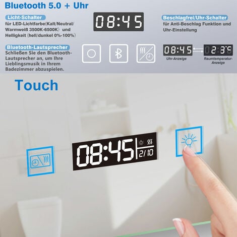 160 x 80 cm LED+Beschlagfrei+3 Lichtfarben Dimmbar+Uhr+Bluetooth+Helligkeit Memory Funktion