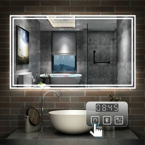 100 x 60 cm LED+Beschlagfrei+Bluetooth+Uhr+3 Lichtfarben Dimmbar+Helligkeit Memory Funktion