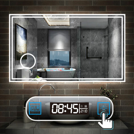 160 x 80 cm LED+Beschlagfrei+Uhr+3 Lichtfarben Dimmbar+Kosmetikspiegel+Helligkeit Memory Funktion