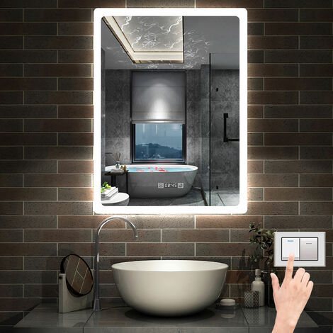 60 x 80 cm LED+Beschlagfrei+3 Lichtfarben Dimmbar+Uhr+Helligkeit Memory Funktion