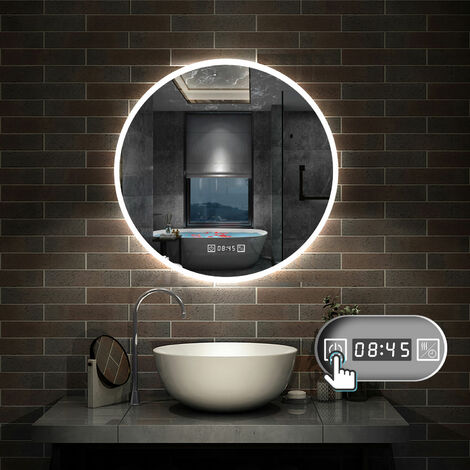 LED Badspiegel Rund Spiegel mit Beleuchtung Badspiegel Badezimmerspiegel Touch Schalter + 3 Farbe Dimmbar + Uhr +  Antibeschlage + Memory-Funktion Wandspiegel 80cm
