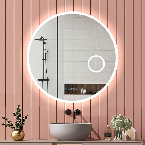 80cm LED Spiegel+Beschlagfrei+Uhr+3-Fach Vergrößerung Kosmetikspiegel+3 Lichtfarben Dimmbar+Farbtemperatur und Helligkeit Memory Funktion