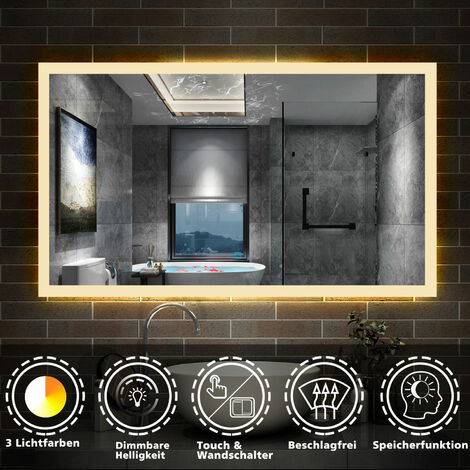 Badspiegel mit Beleuchtung Badezimmerspiegel Wandspiegel Wasserdicht Wandmontagespiegel Lichtspiegel 90 x 70 cm Beschlagfrei 3 Lichtfarben Dimmbar LED Memory Funktion