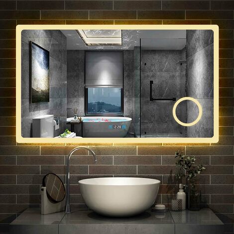Badspiegel mit Beleuchtung Badezimmerspiegel Wandspiegel Wasserdicht Wandmontagespiegel Lichtspiegel 120 x 70 cm Beschlagfrei Uhr 3 Lichtfarben Dimmbar Kosmetikspiegel LED Memory Funktion
