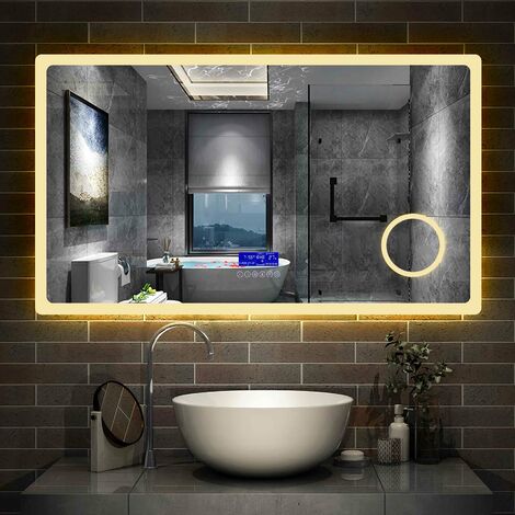 Badspiegel mit Beleuchtung Badezimmerspiegel Wandspiegel Wasserdicht Wandmontagespiegel Lichtspiegel 120 x 70 cm Beschlagfrei Bluetooth 3 Lichtfarben Dimmbar Kosmetikspiegel LED Memory Funktion