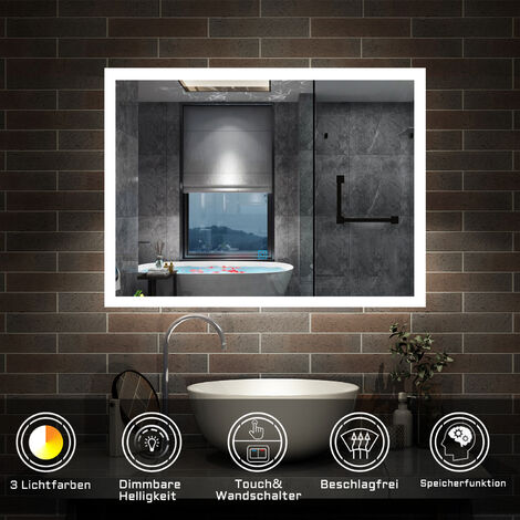 Badspiegel mit Beleuchtung Badezimmerspiegel Wandspiegel Wasserdicht Wandmontagespiegel Lichtspiegel 80 x 60 cm Beschlagfrei 3 Lichtfarben Dimmbar LED Memory Funktion (1/5)