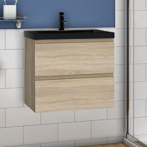 Waschtisch mit Schwarzes Waschbecken Waschbeckenunterschrank Badmöbel 60cm Eichenfarben Schrank mit schwarzes Waschbecken